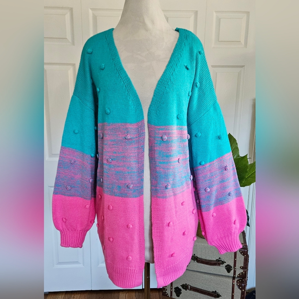 BIBI "When We're Grooving" Open Front Knit Color Block Ponpon Cardigan!